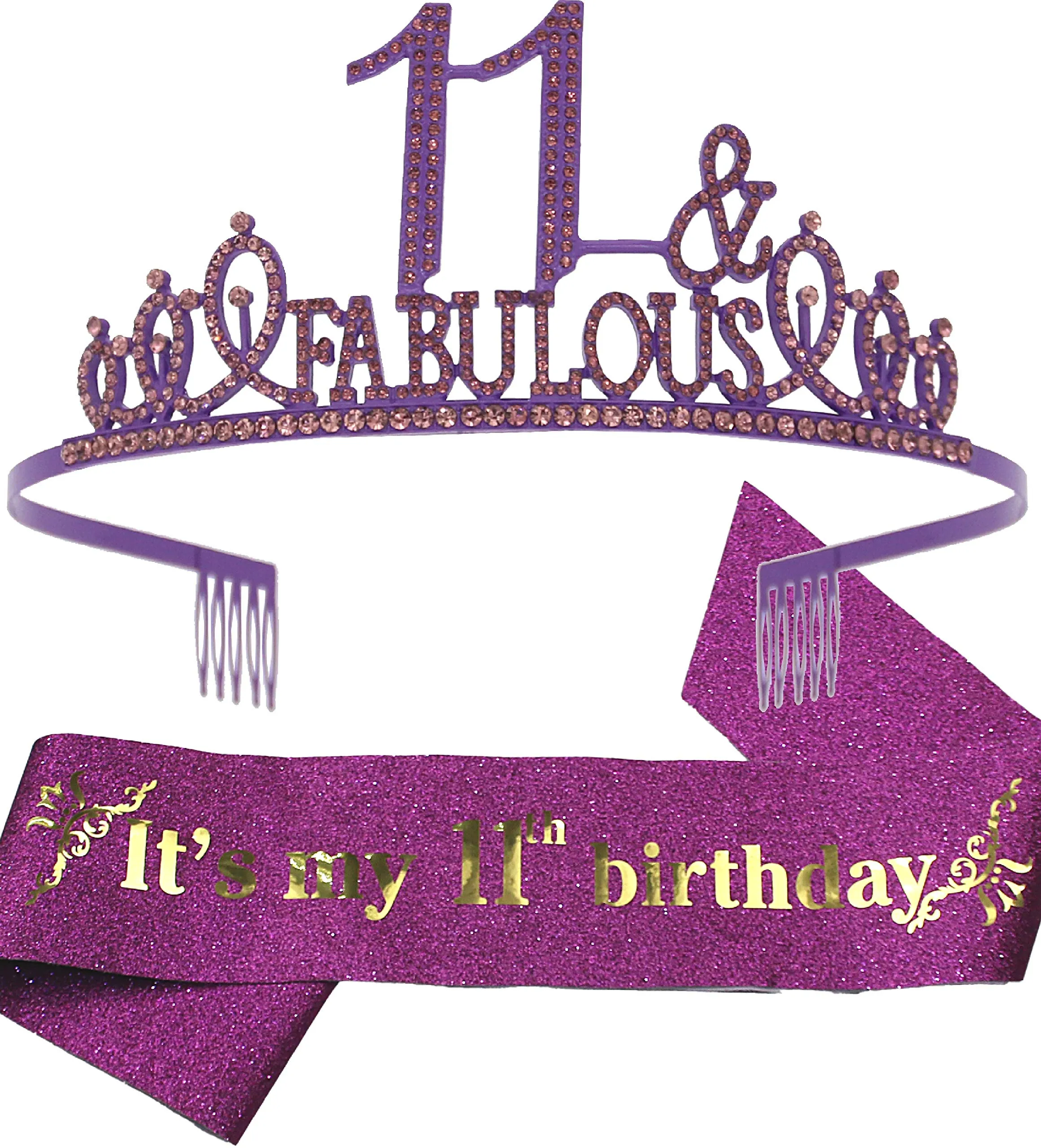 11th Birthday Gifts for Girls,11th Birthday Tiara and Sash Golden,11th Birthday