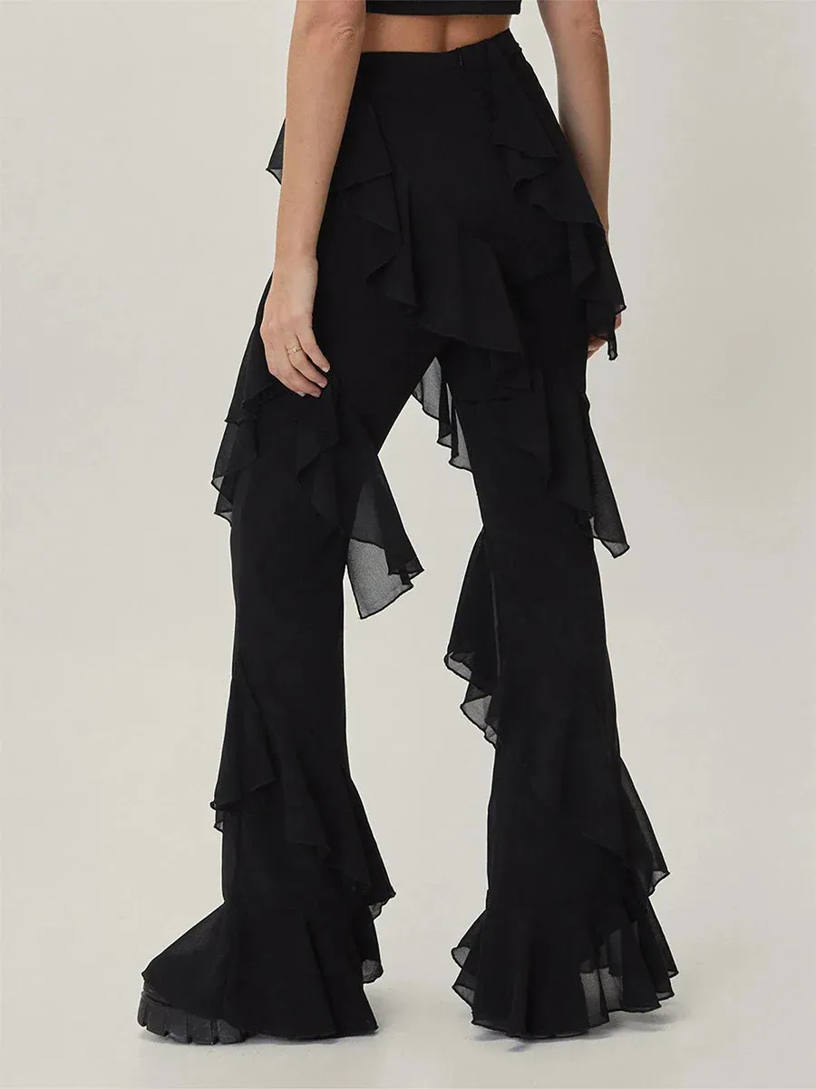 Aesthetic Ruffle Layered Long Solid Color High Waist Wide Leg Trousers Sexy Streetwear Y2K Pants