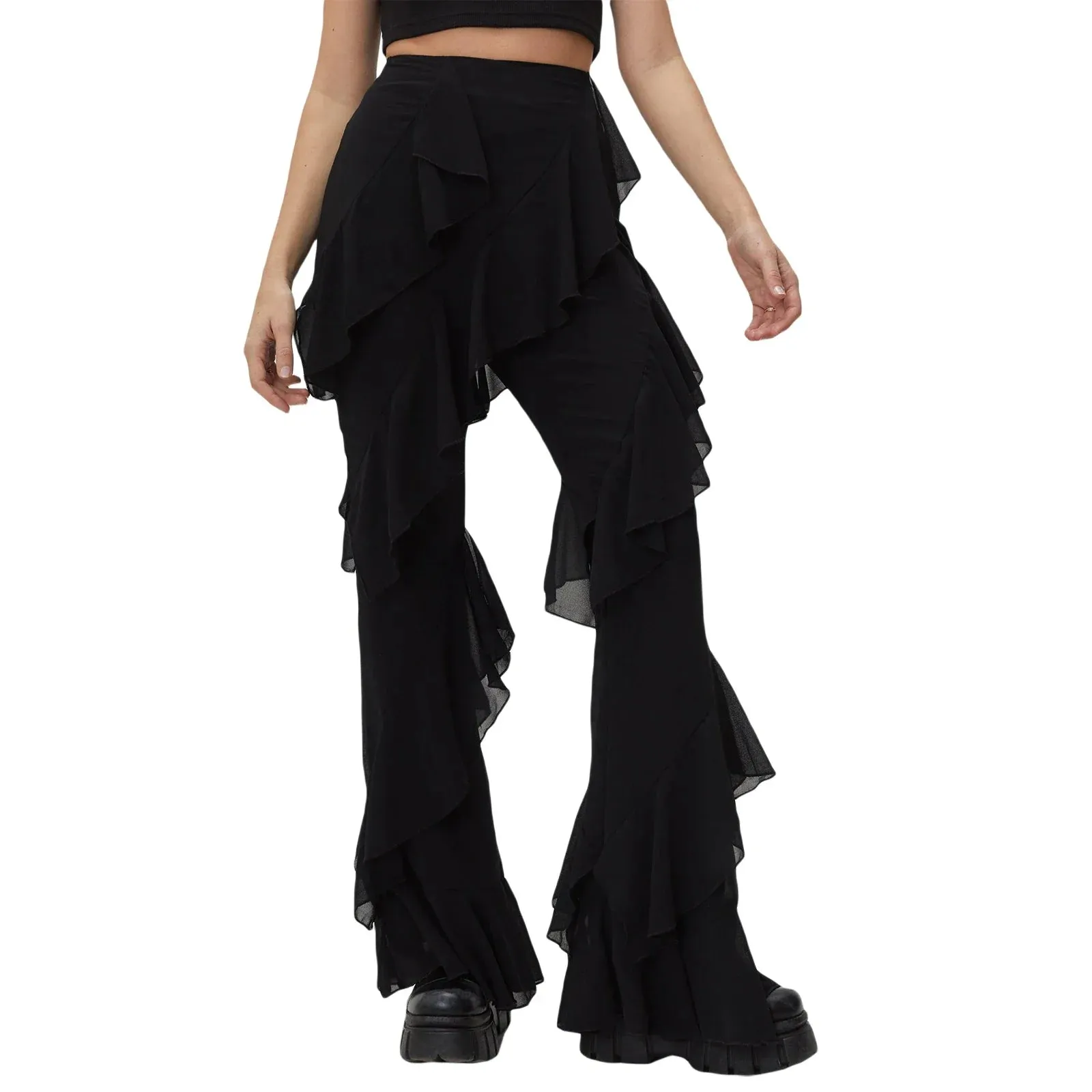 Aesthetic Ruffle Layered Long Solid Color High Waist Wide Leg Trousers Sexy Streetwear Y2K Pants