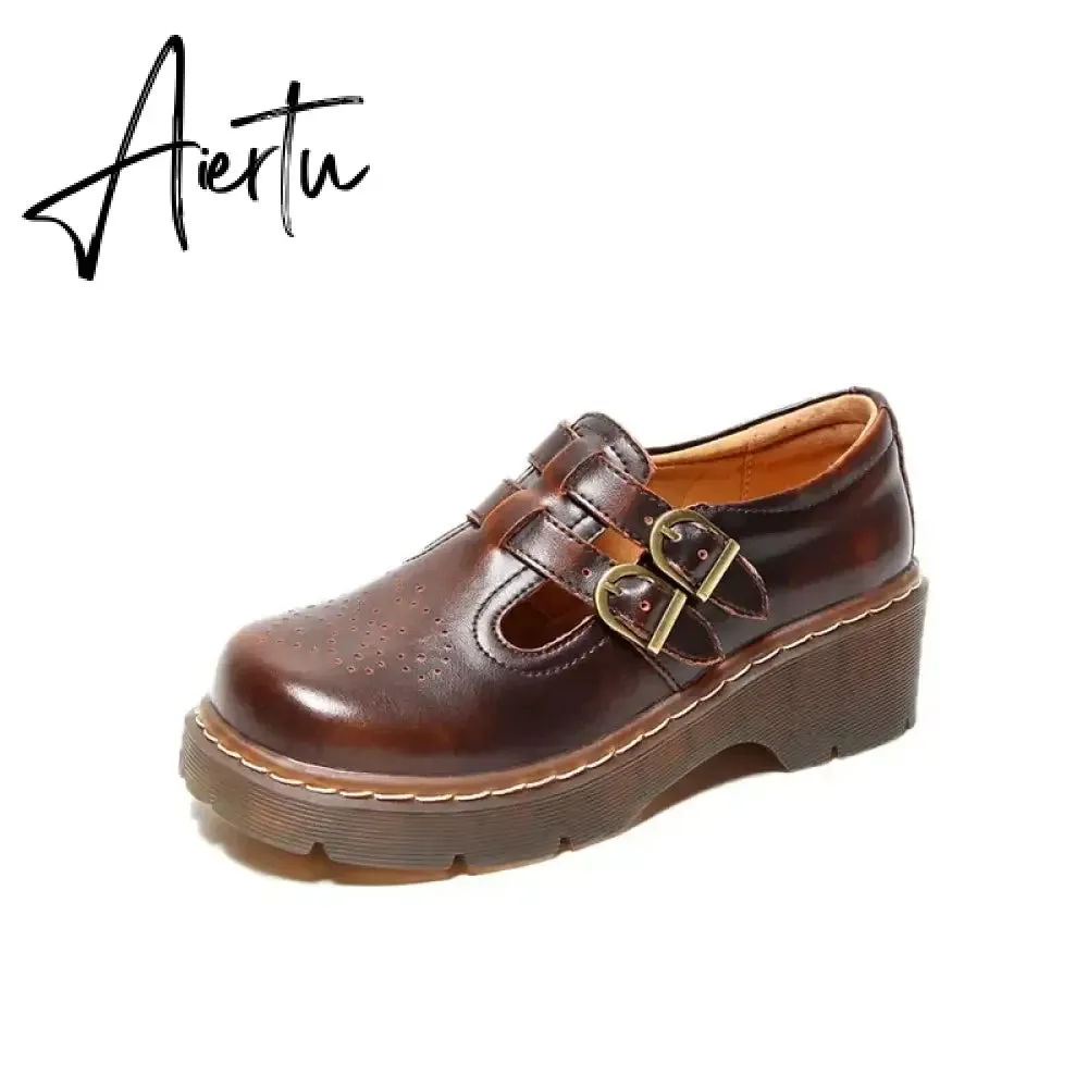 Aiertu Women Flats British Style Oxford Shoes Women Autumn Soft Leather Casual Maid Shoes Retro Buckle Flats Dress Shoes for Women