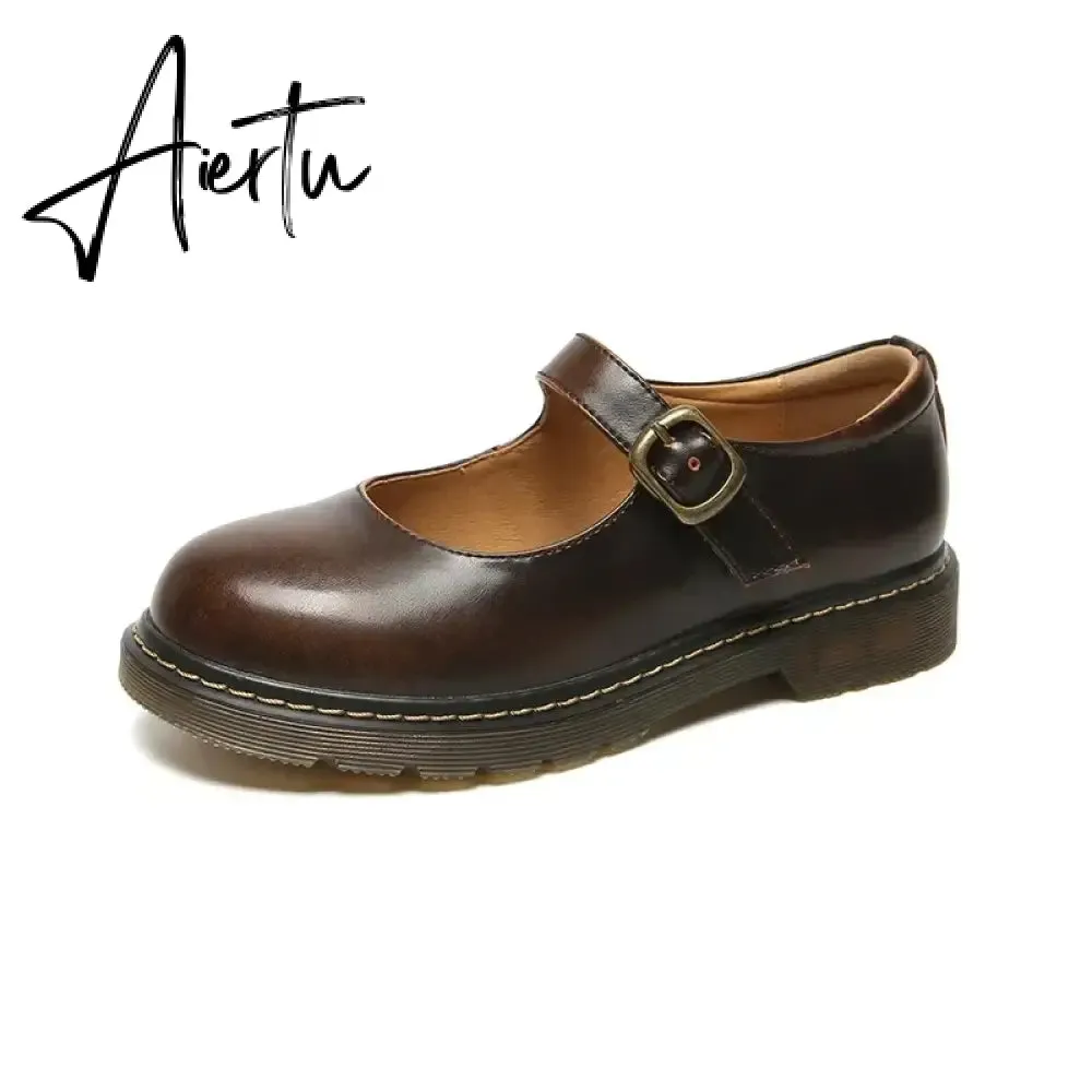 Aiertu Women Flats British Style Oxford Shoes Women Autumn Soft Leather Casual Maid Shoes Retro Buckle Flats Dress Shoes for Women