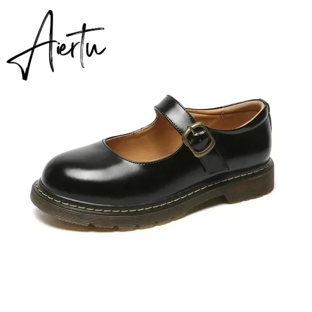 Aiertu Women Flats British Style Oxford Shoes Women Autumn Soft Leather Casual Maid Shoes Retro Buckle Flats Dress Shoes for Women