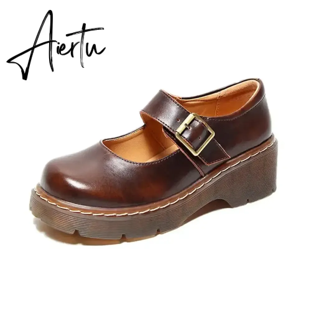 Aiertu Women Flats British Style Oxford Shoes Women Autumn Soft Leather Casual Maid Shoes Retro Buckle Flats Dress Shoes for Women