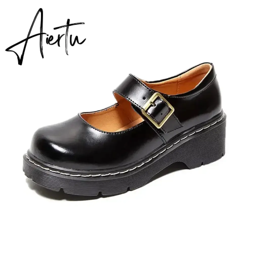 Aiertu Women Flats British Style Oxford Shoes Women Autumn Soft Leather Casual Maid Shoes Retro Buckle Flats Dress Shoes for Women