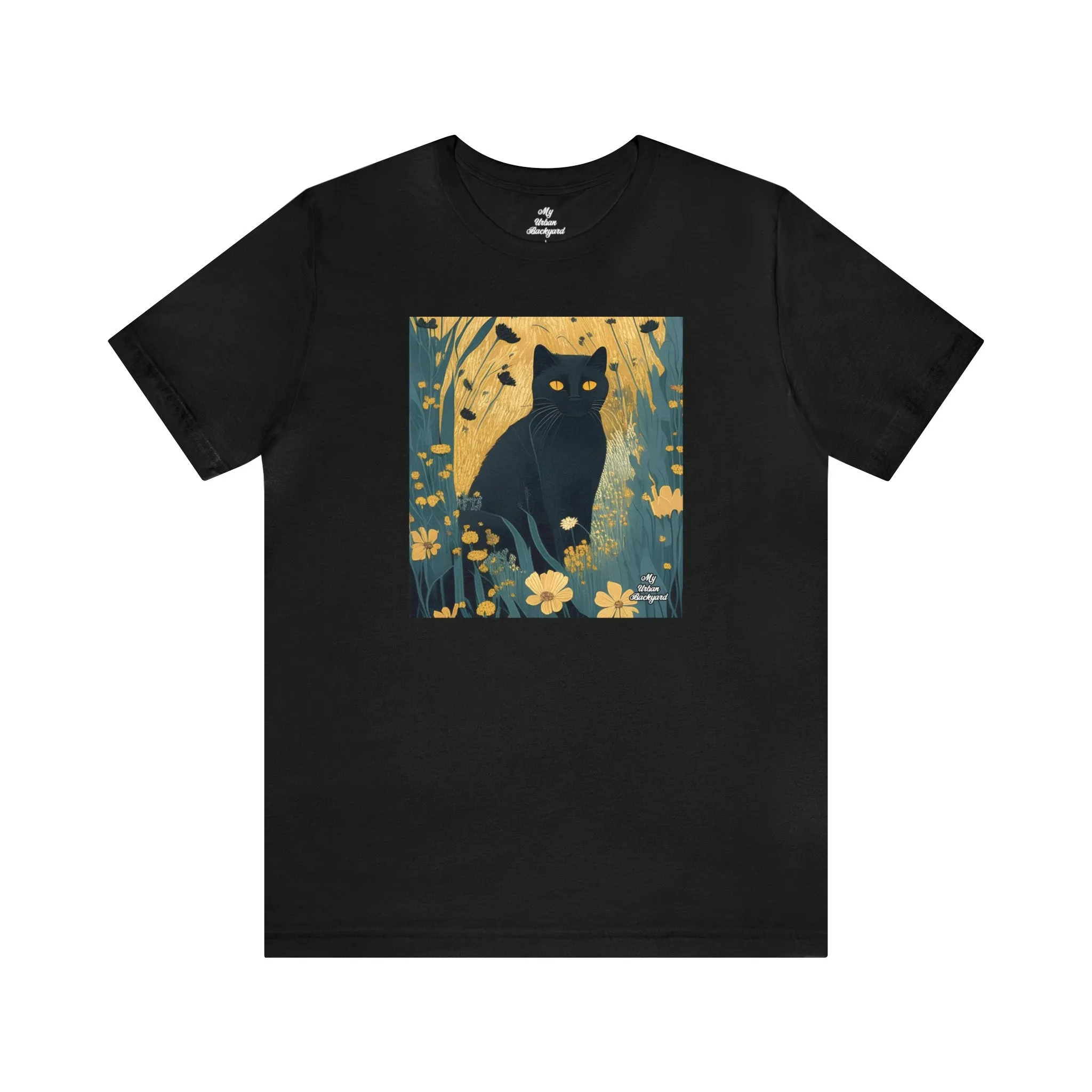 Black Cat and Wildflowers, Soft 100% Jersey Cotton T-Shirt, Unisex, Short Sleeve, Retail Fit