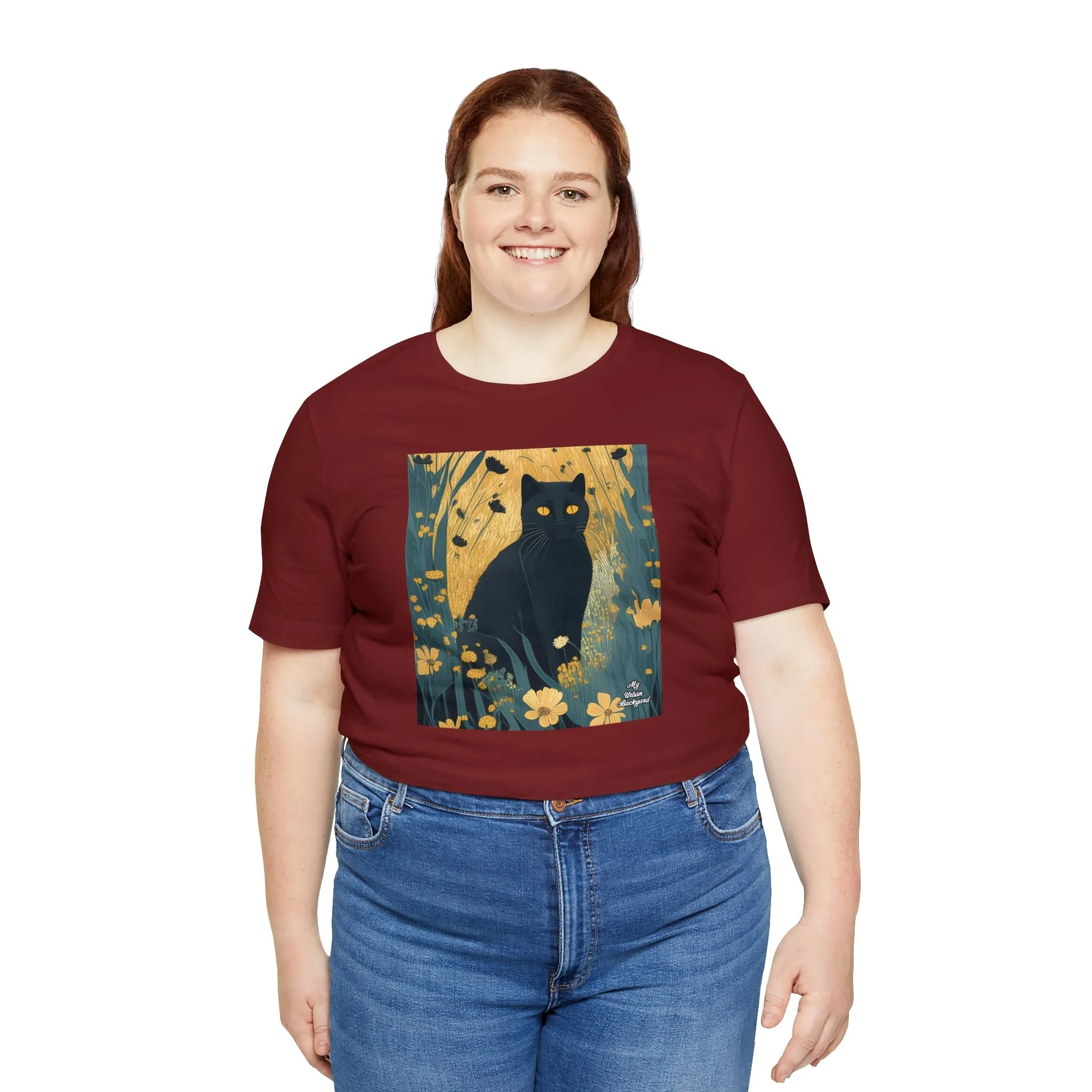 Black Cat and Wildflowers, Soft 100% Jersey Cotton T-Shirt, Unisex, Short Sleeve, Retail Fit