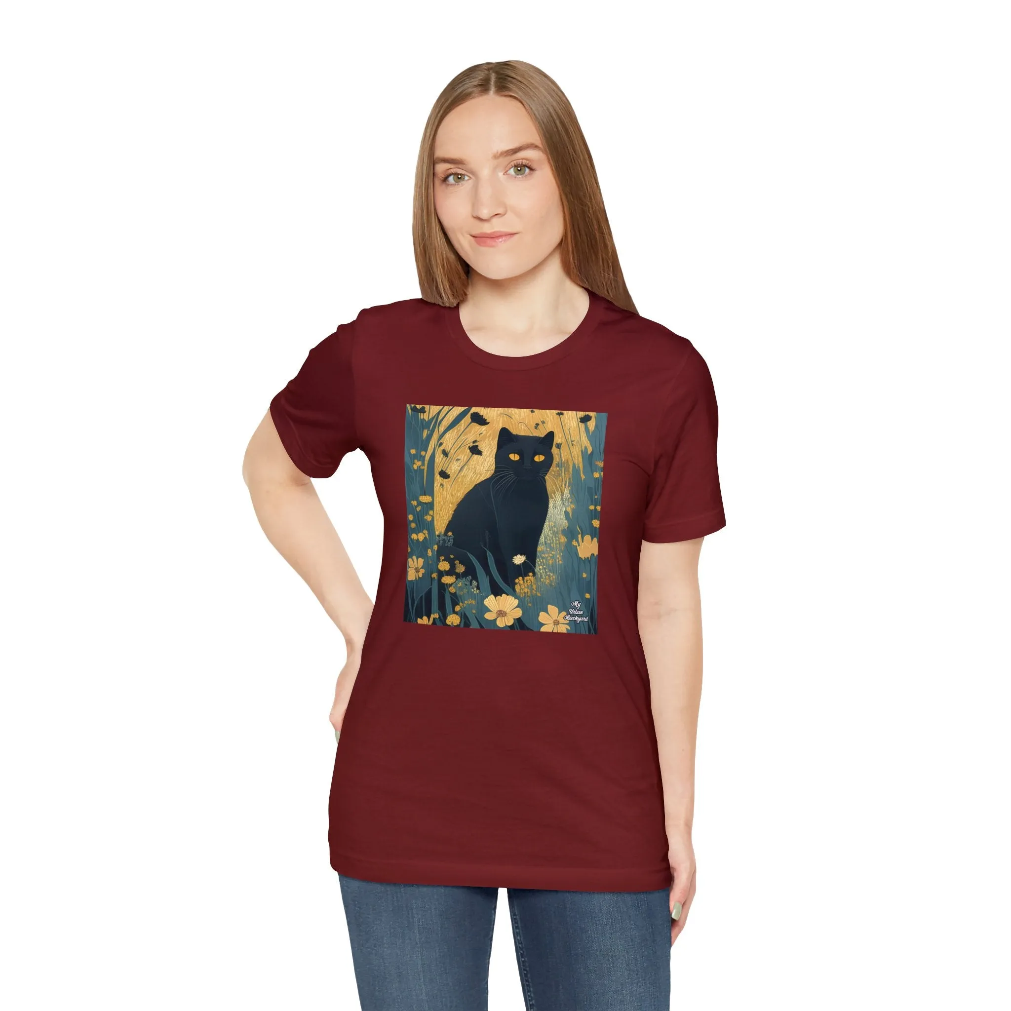 Black Cat and Wildflowers, Soft 100% Jersey Cotton T-Shirt, Unisex, Short Sleeve, Retail Fit