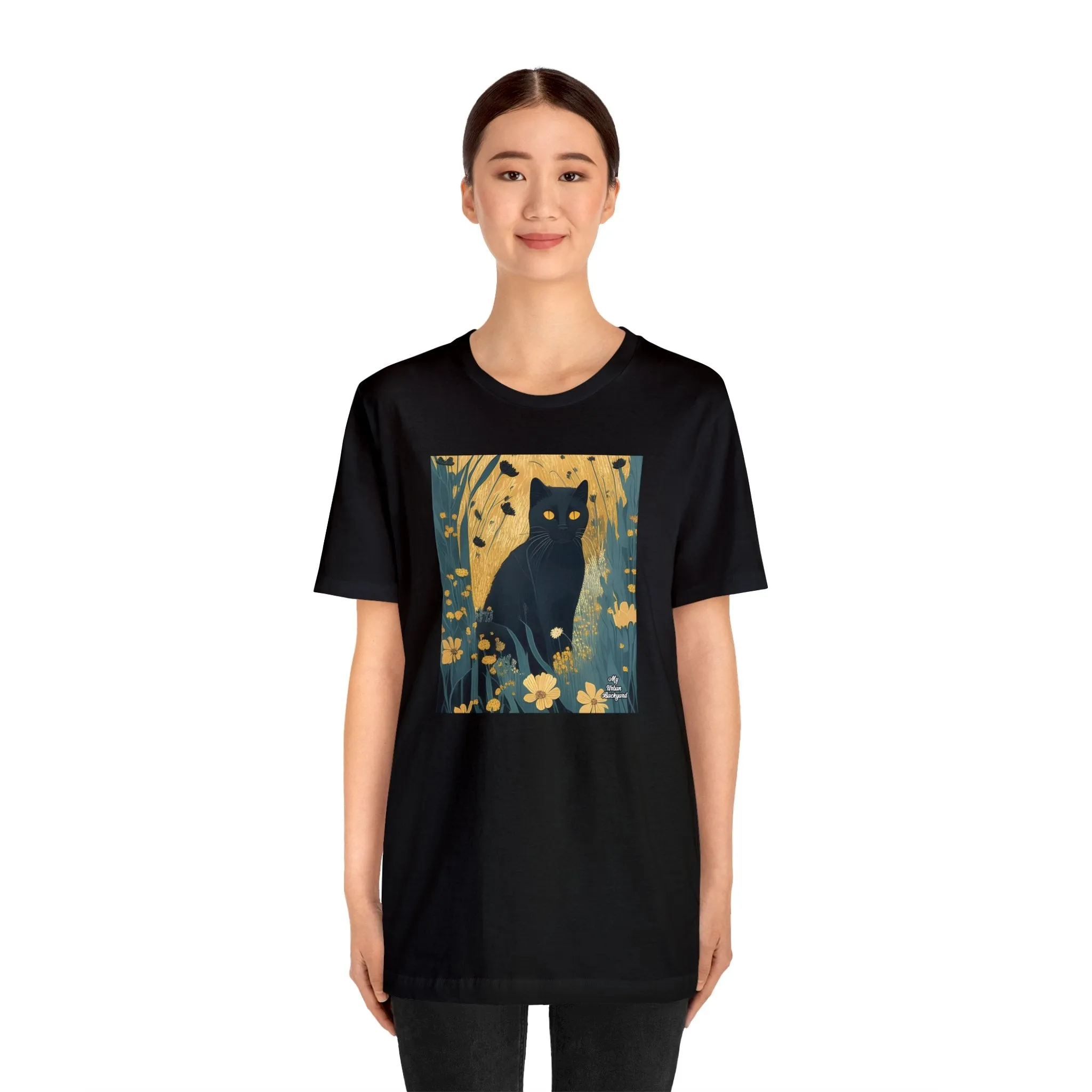 Black Cat and Wildflowers, Soft 100% Jersey Cotton T-Shirt, Unisex, Short Sleeve, Retail Fit