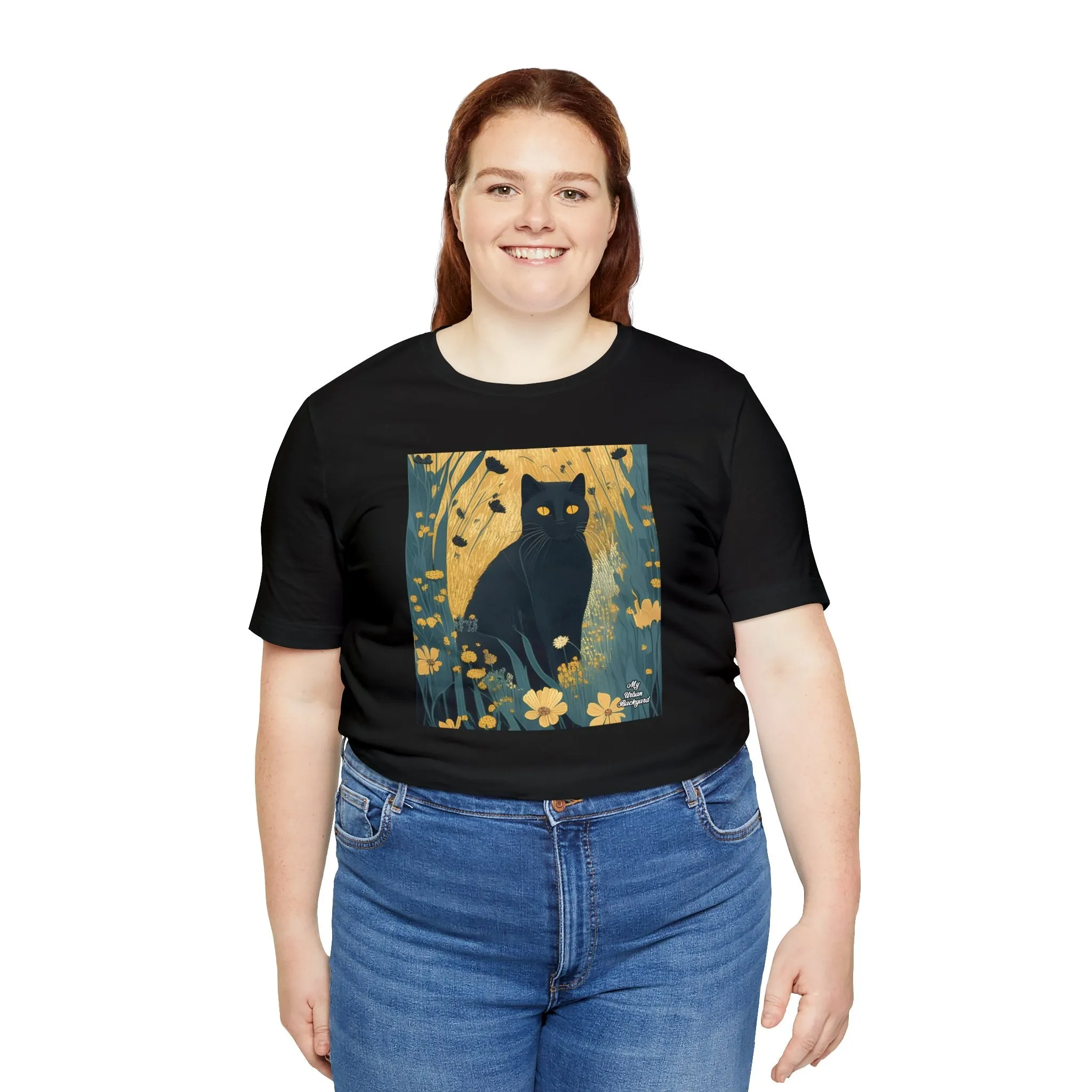 Black Cat and Wildflowers, Soft 100% Jersey Cotton T-Shirt, Unisex, Short Sleeve, Retail Fit