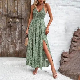 Boho Long Elegant V Neck Vintage Printed Sleeveless Sexy Slim Maxi Midi Summer Dress