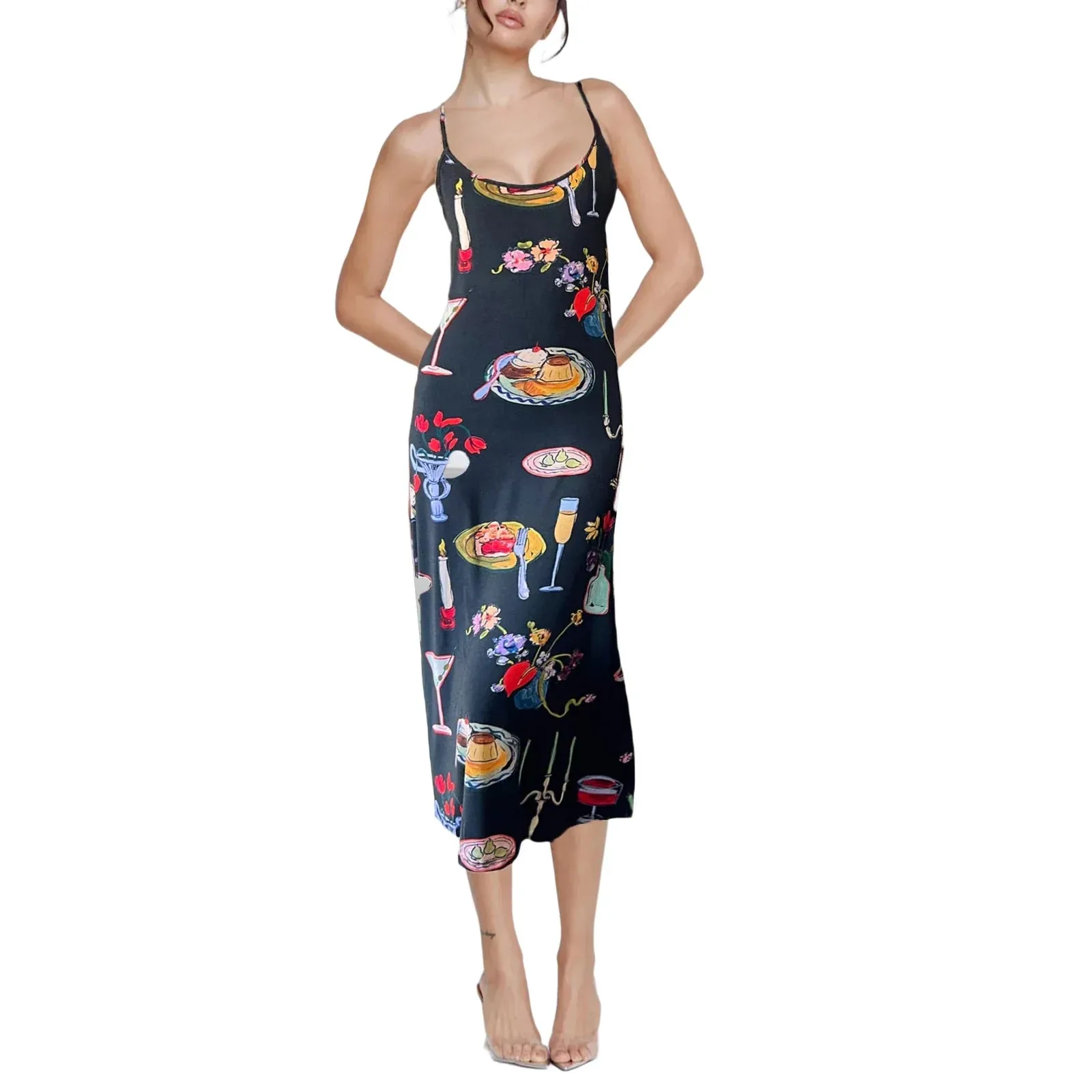 Cami Graphic Print Sleeveless Backless Slip Fashion Midi Bodycon Summer Vintage Dress