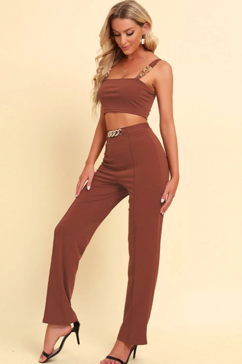 Chain Detail Cropped Cami and Straight Leg Pants Set