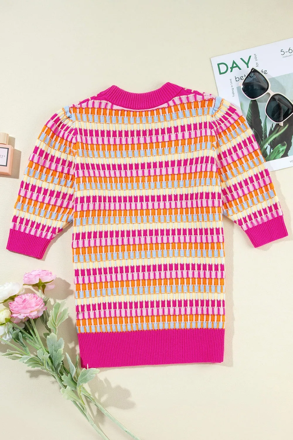 Contrast Round Neck Half Sleeve Knit Top