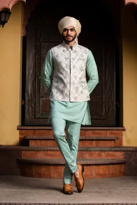 Cream Matka Embroidered Jacket with Mint Green Kurta and Pants