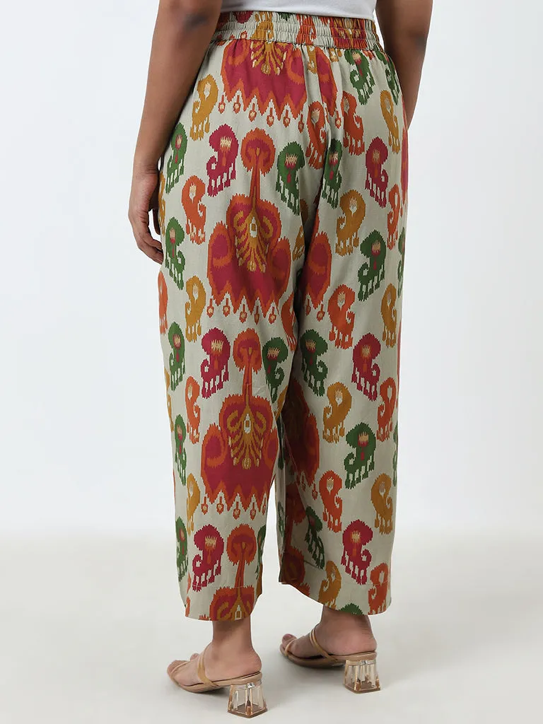 Diza Multicolour Ikat Design High-Rise Ethnic Pants