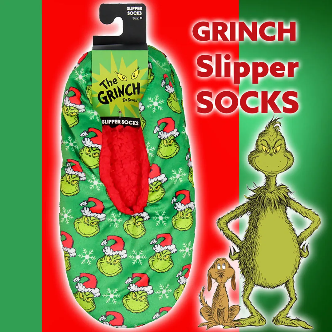 Dr. Seuss GRINCH Who Stole Christmas Grinch Santa Slipper Socks No-Slip Sole