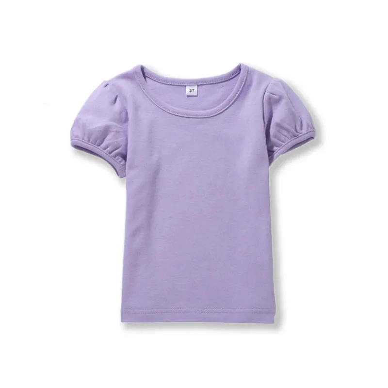 Girls' 100% Cotton Short Sleeve Summer Puff Tee T shirts for School & Play Toddler Teenagers Casual Tops Tees Solid 1-14Yrs