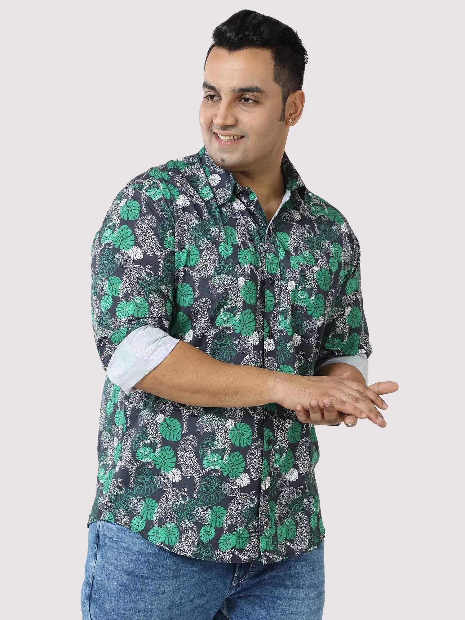 Green Jungle Printed Cotton Full Shirt Men's Plus Size