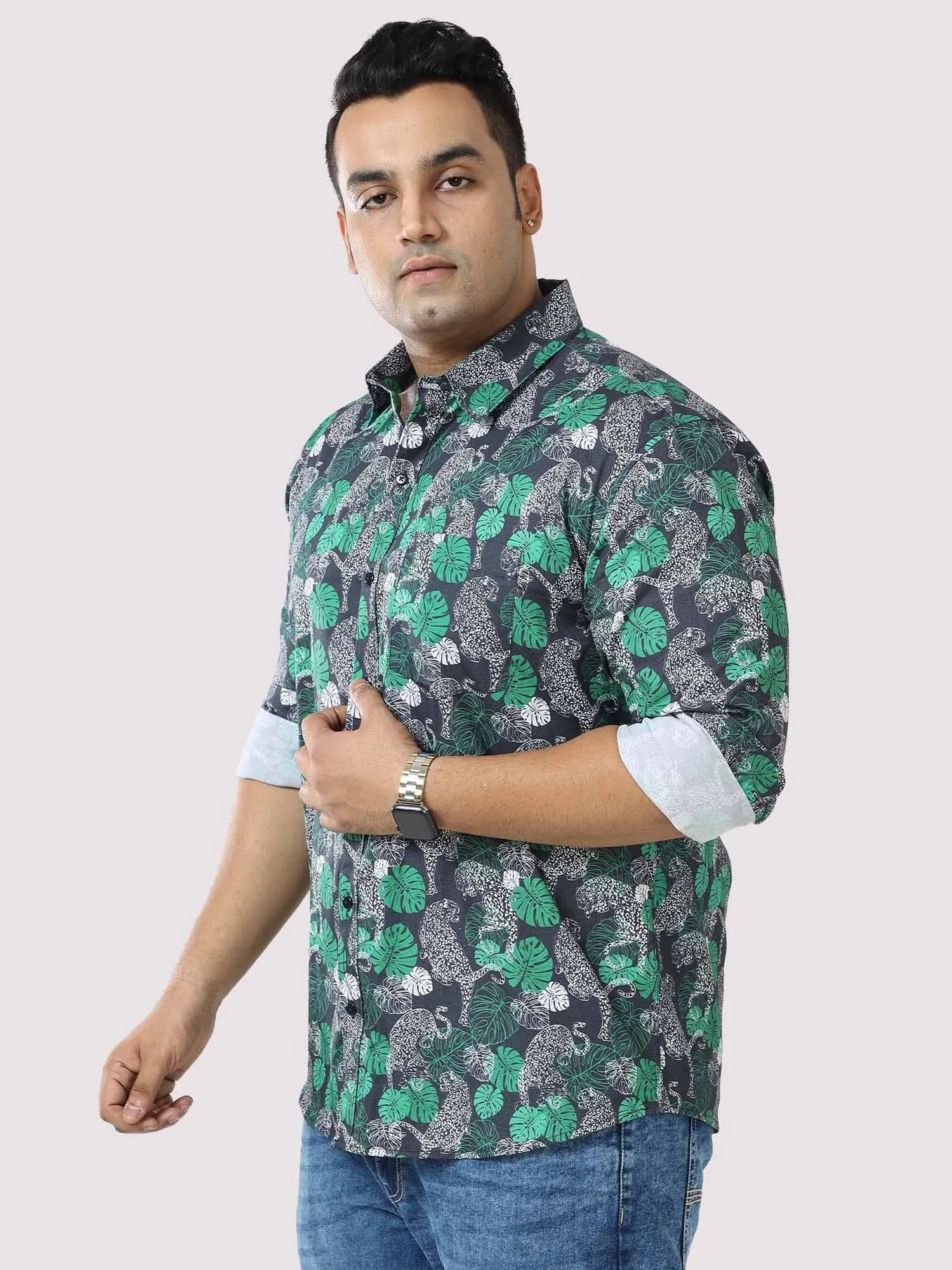 Green Jungle Printed Cotton Full Shirt Men's Plus Size