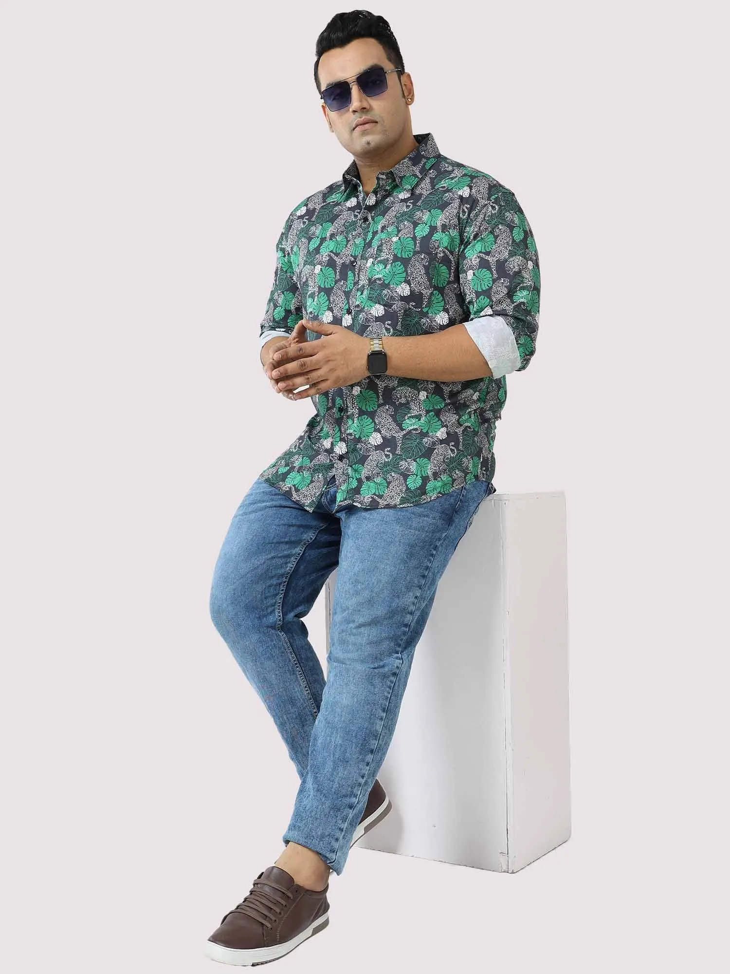 Green Jungle Printed Cotton Full Shirt Men's Plus Size