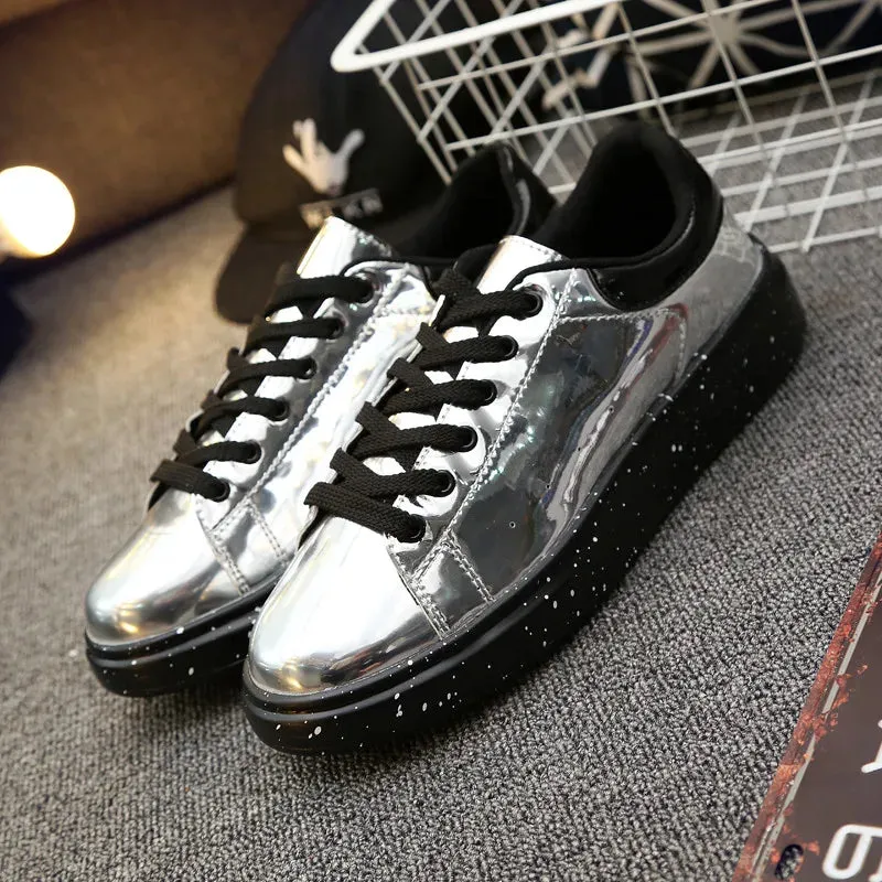 Hnzxzm Hot Sale Silver Mirror Shoes Men Casual Shoes Luxury Hip Hop Bar Streetwear Glossy Mirrors Sneakers Men Flats