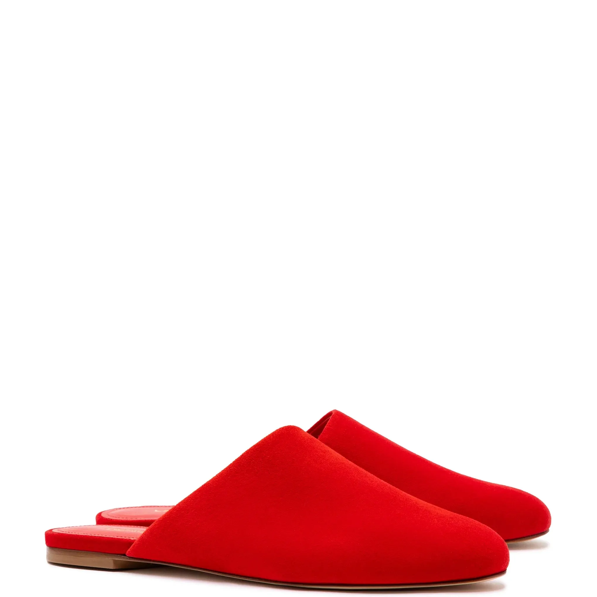 Larroude Venice Flat Mule and Pouch Kit In Scarlet Suede