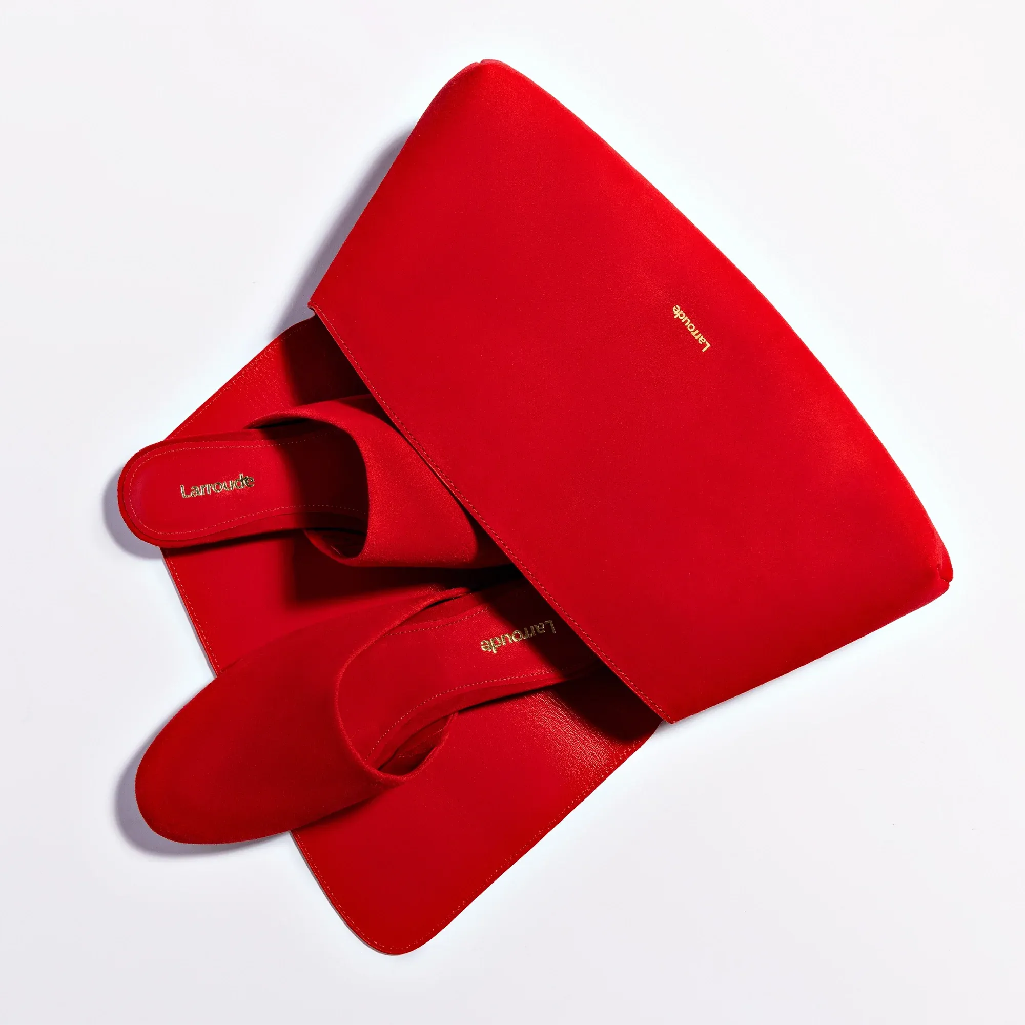 Larroude Venice Flat Mule and Pouch Kit In Scarlet Suede