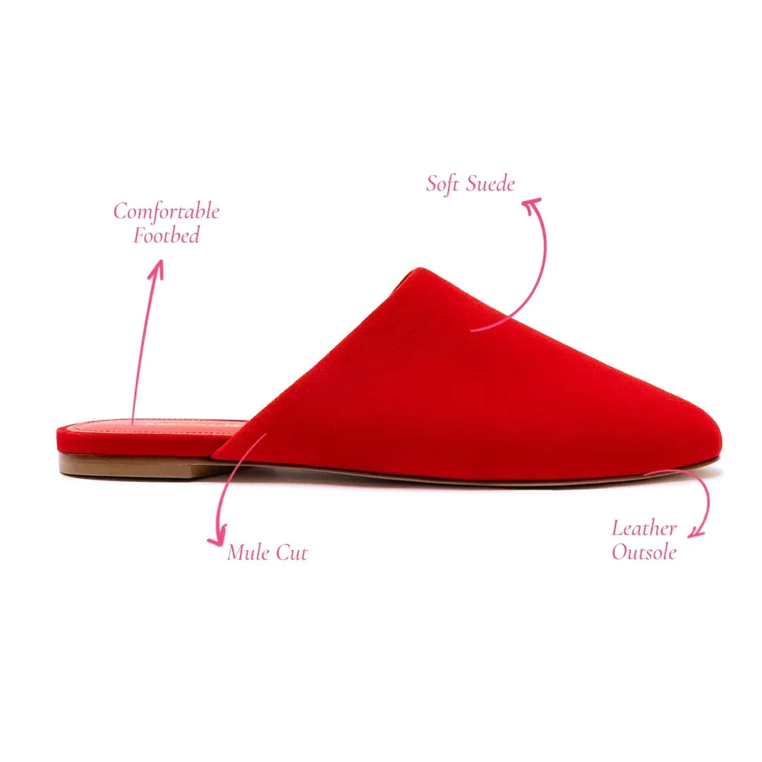 Larroude Venice Flat Mule and Pouch Kit In Scarlet Suede