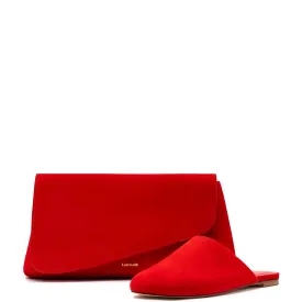 Larroude Venice Flat Mule and Pouch Kit In Scarlet Suede