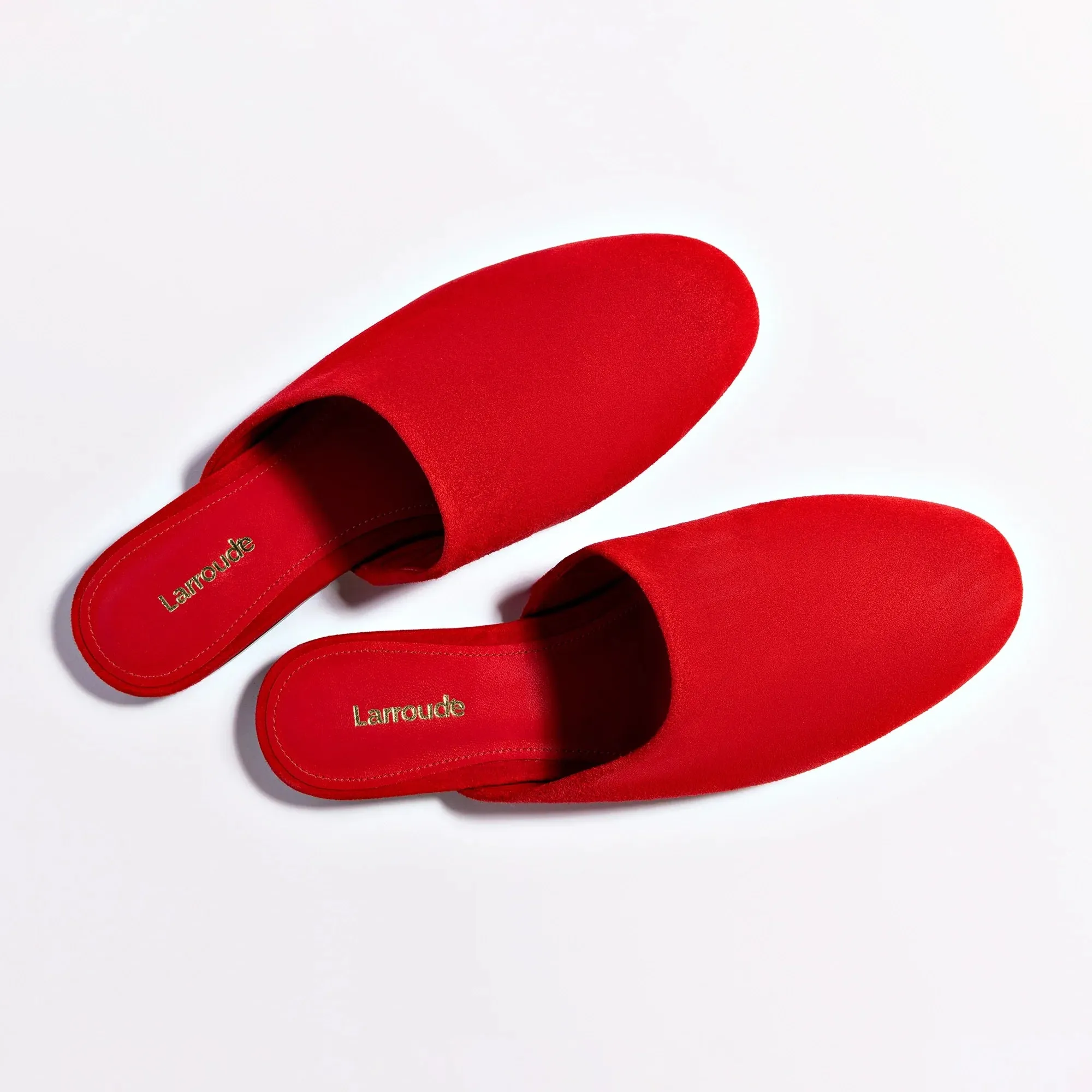 Larroude Venice Flat Mule and Pouch Kit In Scarlet Suede