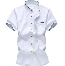 Mens White Stand Collar Shirt with Pocket Details