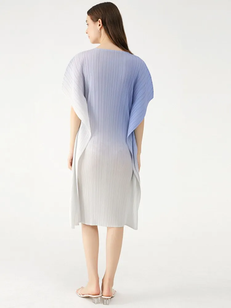 Miyake Pleated Gradient Batwing Sleeve Dress