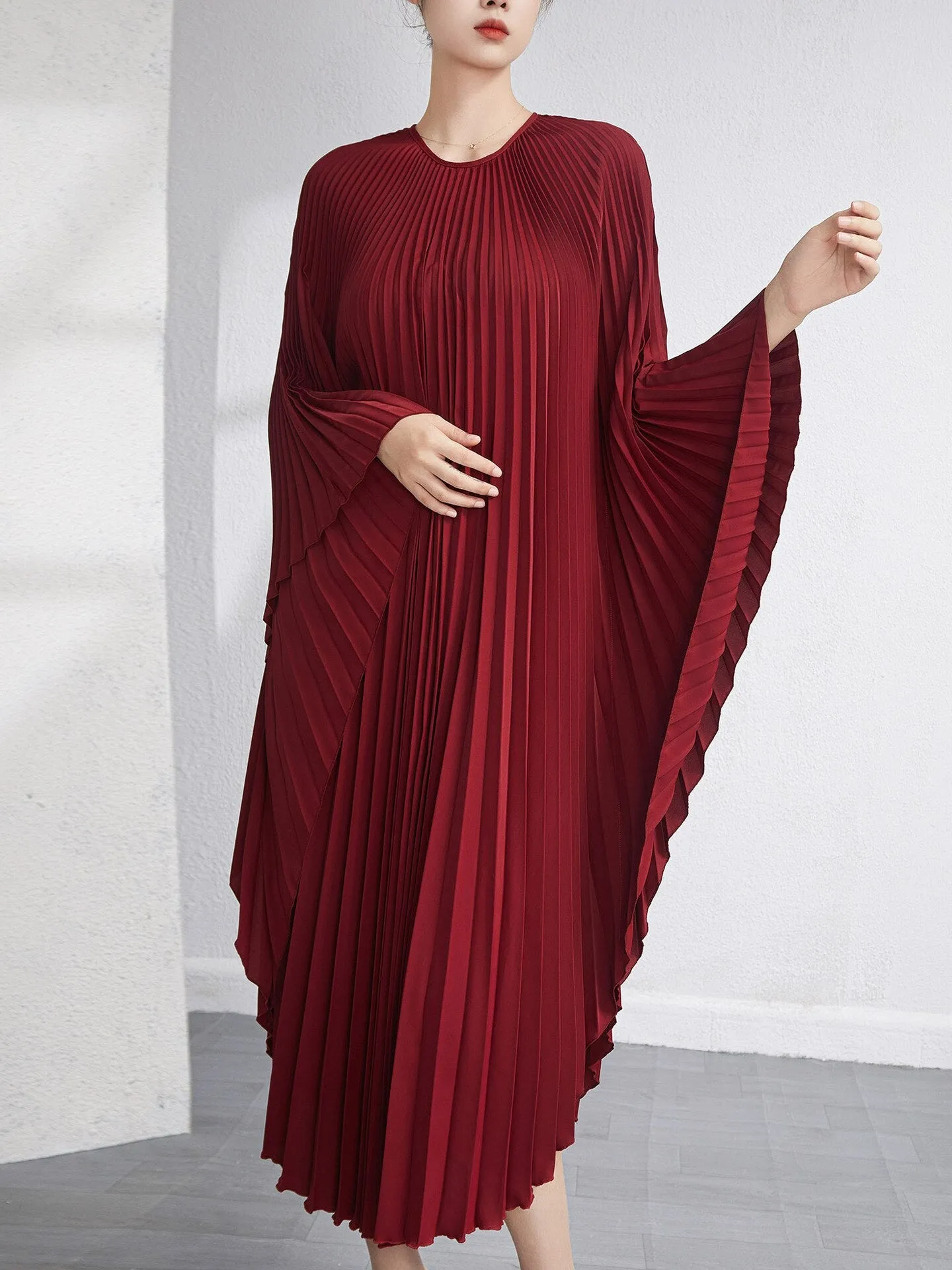 Miyake Pleated Irregular Flare Sleeve Midi Dress