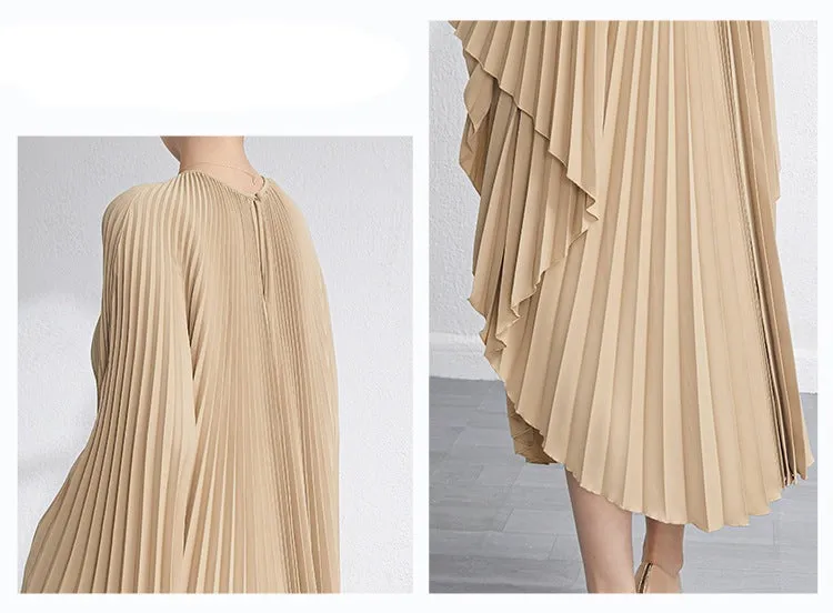 Miyake Pleated Irregular Flare Sleeve Midi Dress