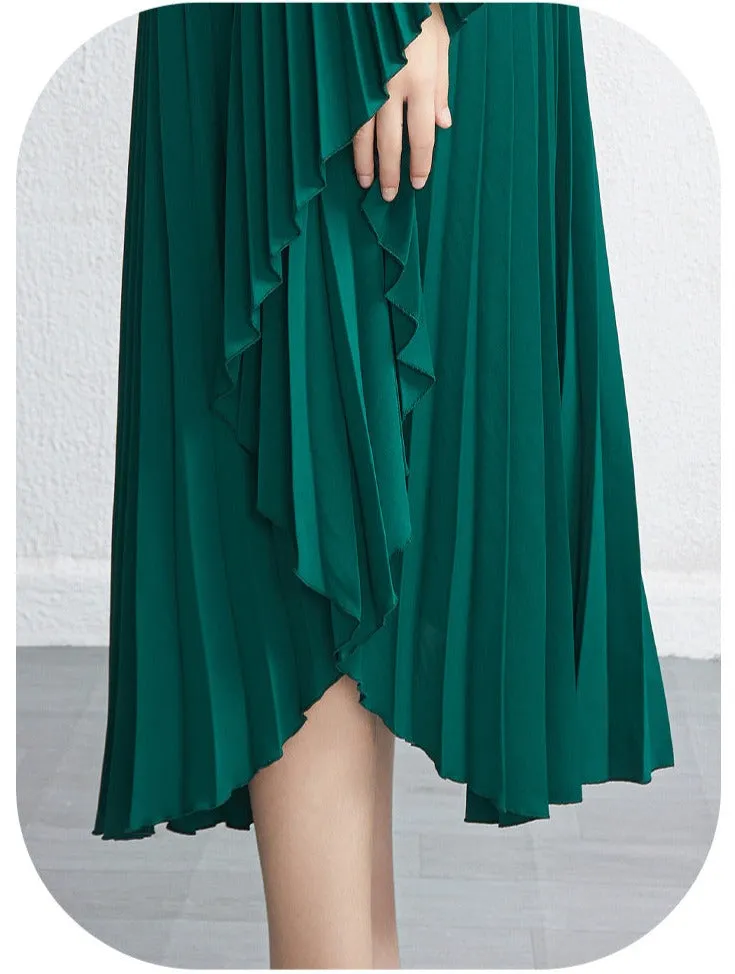 Miyake Pleated Irregular Flare Sleeve Midi Dress