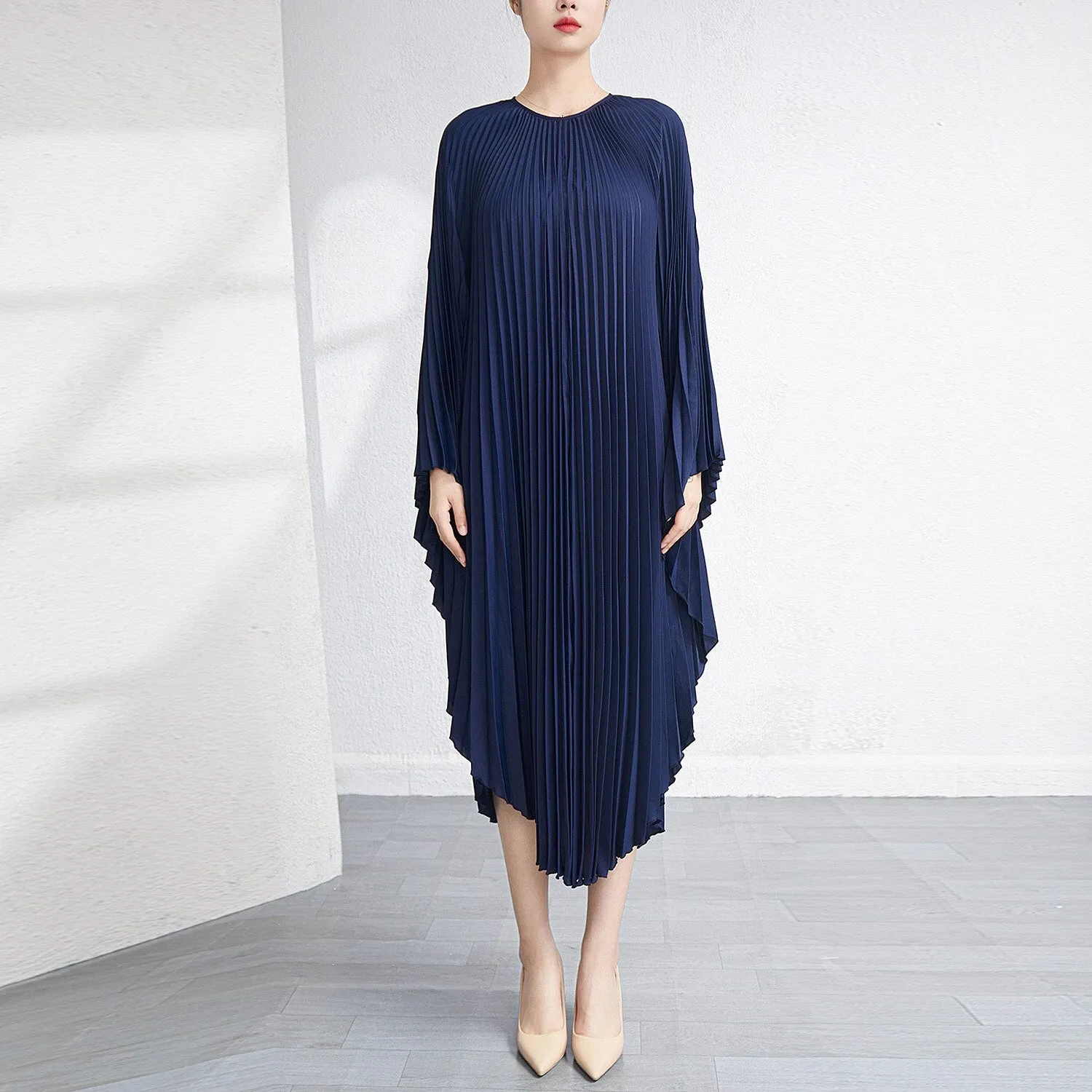 Miyake Pleated Irregular Flare Sleeve Midi Dress