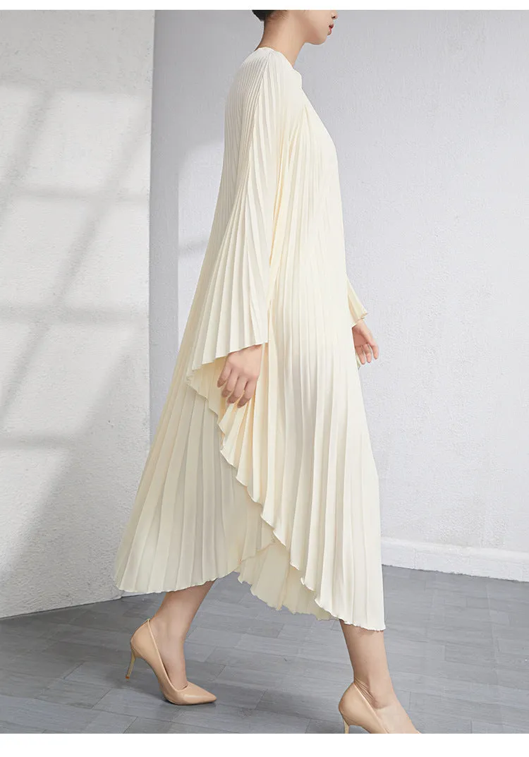 Miyake Pleated Irregular Flare Sleeve Midi Dress