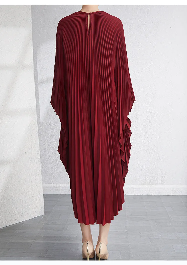 Miyake Pleated Irregular Flare Sleeve Midi Dress