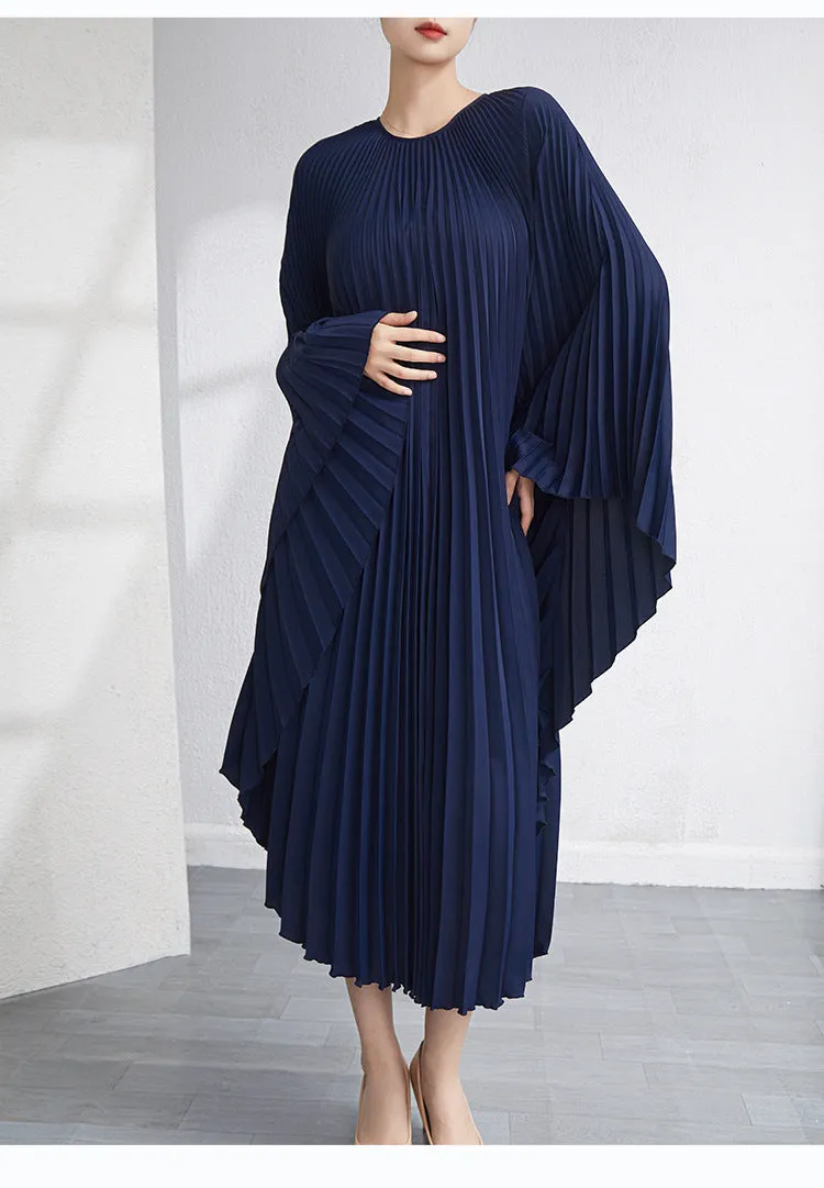 Miyake Pleated Irregular Flare Sleeve Midi Dress