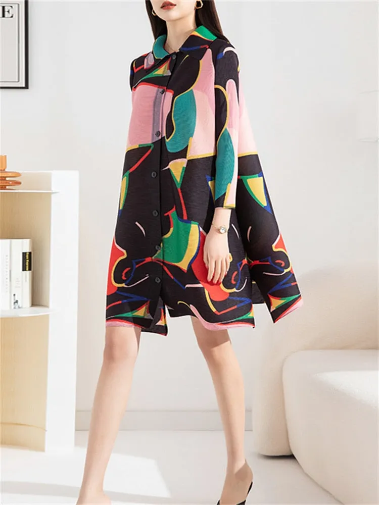 Miyake Pleated Printed Turn-down Collar Mini Dress