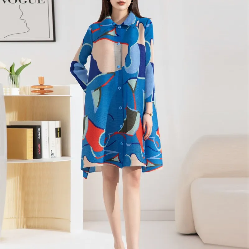 Miyake Pleated Printed Turn-down Collar Mini Dress