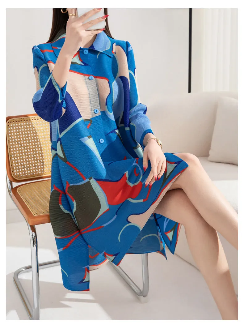 Miyake Pleated Printed Turn-down Collar Mini Dress