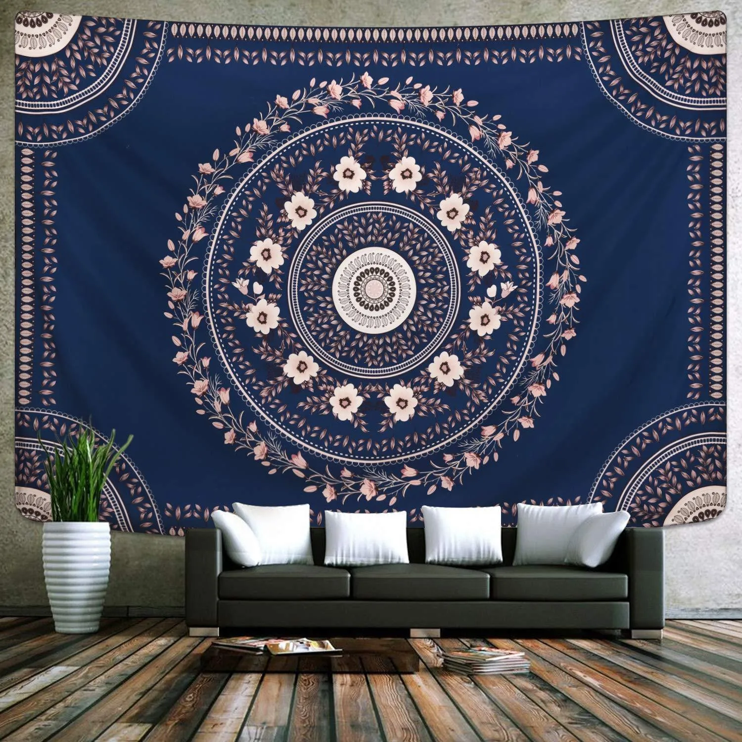 Oat & Navy Floral Tapestry