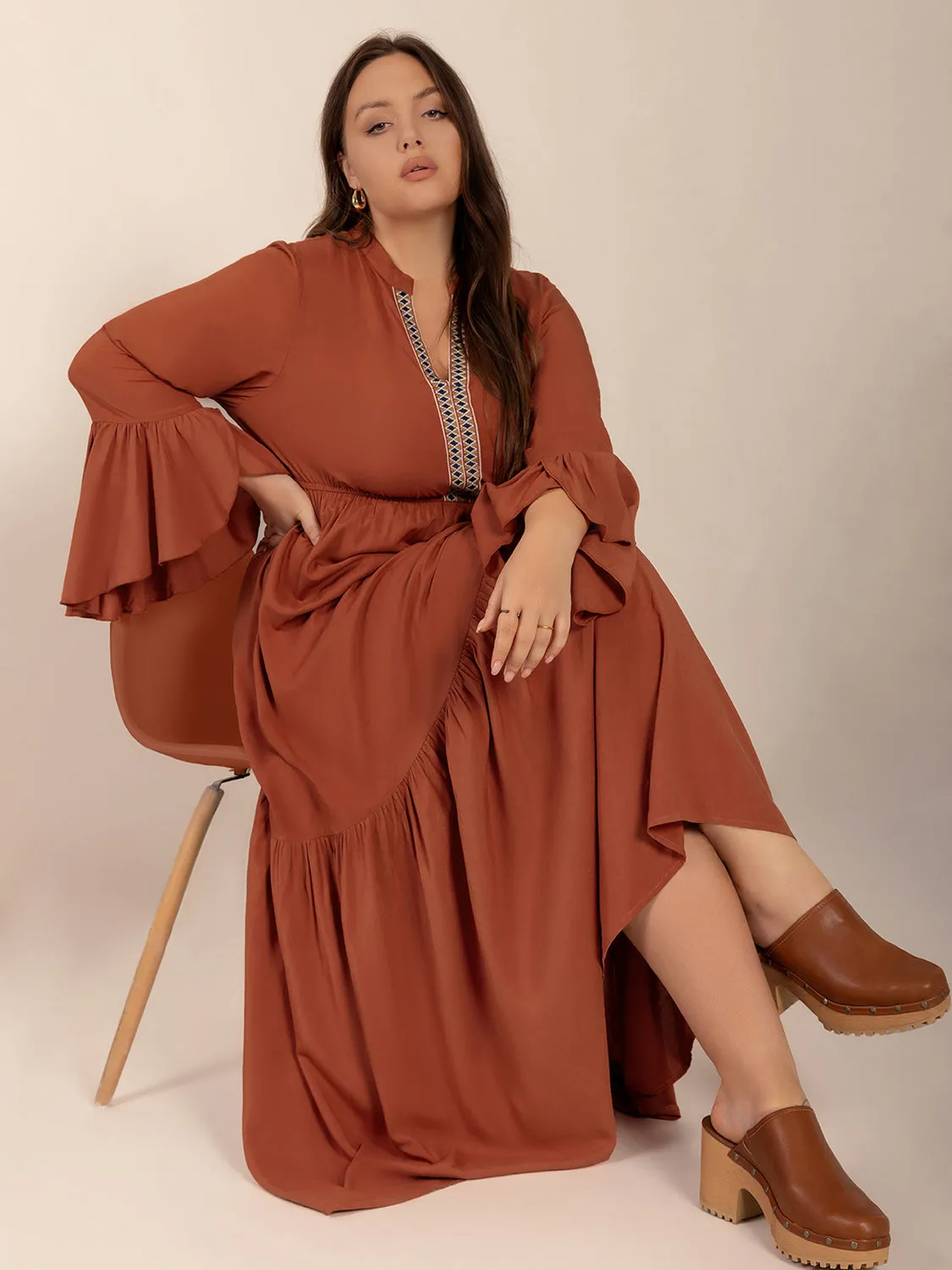 Plus Size Ruffled Notched Long Sleeve Dress