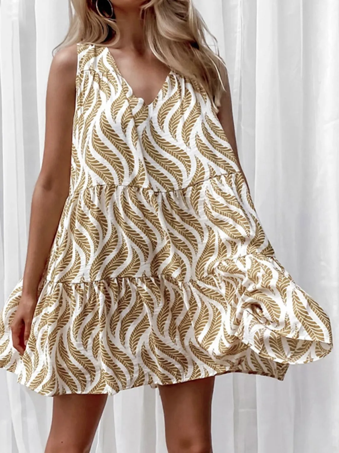 Printed V-Neck Sleeveless Mini Dress