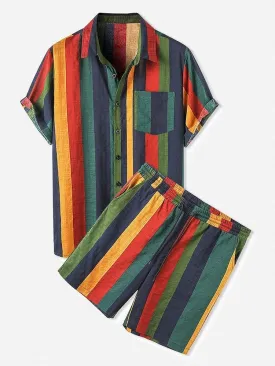 Rainbow Striped Cotton Coord Hawaiian Summer Shirts & Shorts Set Men