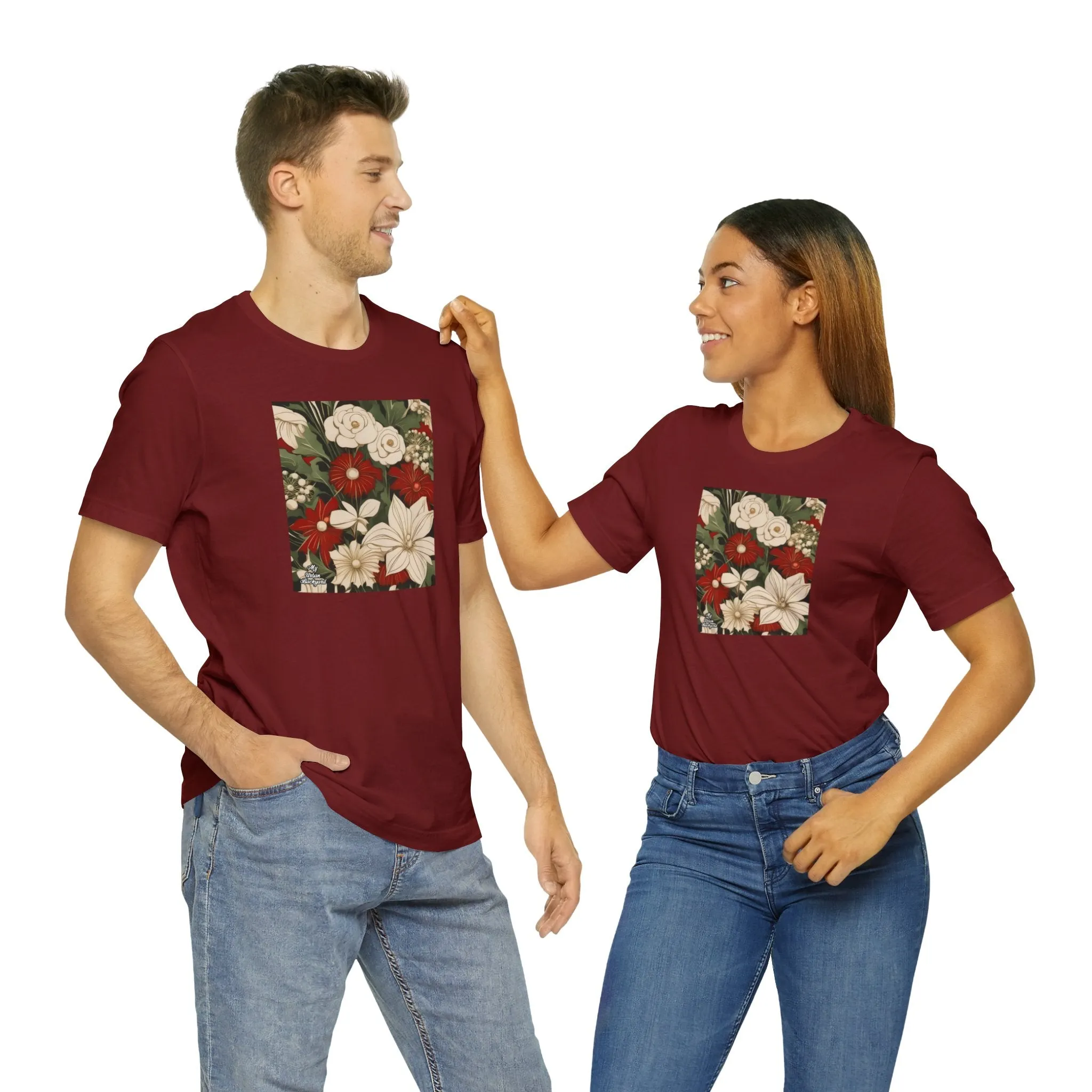 Red & White Flowers, Soft 100% Jersey Cotton T-Shirt, Unisex, Short Sleeve, Retail Fit