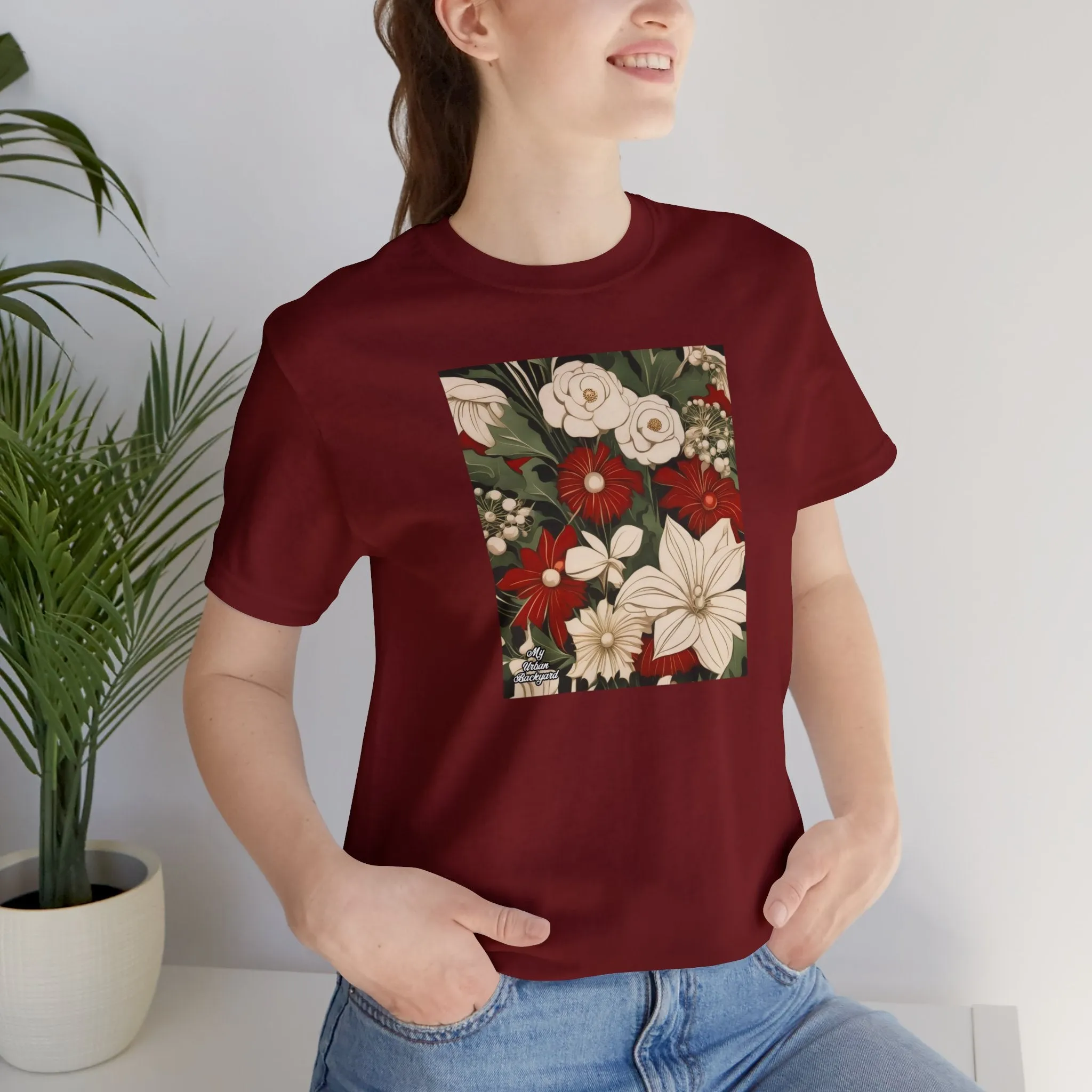 Red & White Flowers, Soft 100% Jersey Cotton T-Shirt, Unisex, Short Sleeve, Retail Fit