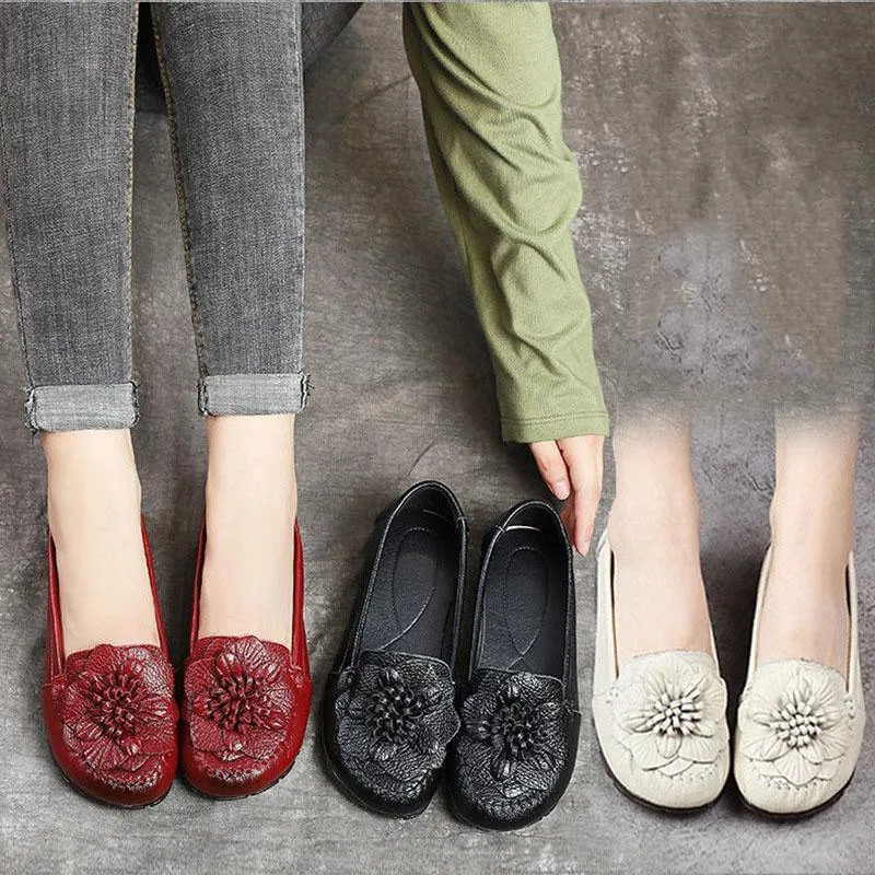 Red Floral Cowhide Leather Flat Shoes For Women  Flat