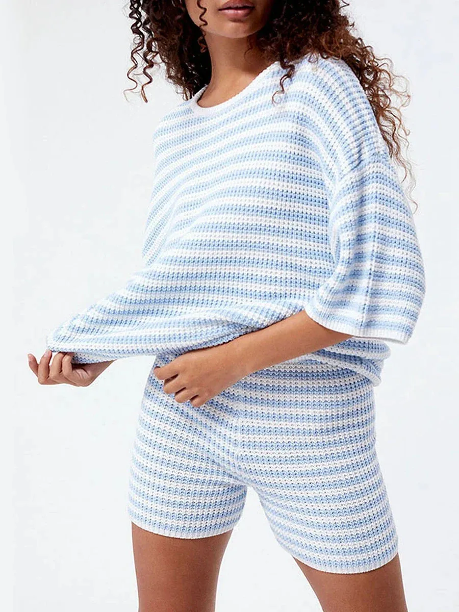 Round Neck Elbow Sleeve Knit Tops Elastic Waist Slim Shorts Lounge Stripe Pajamas